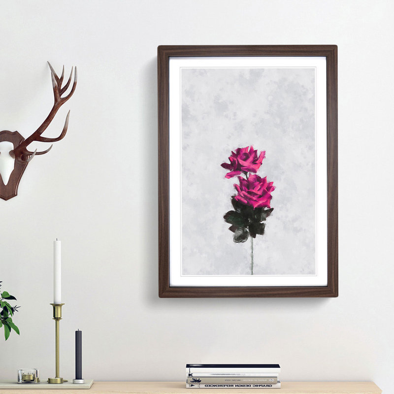 Two Pink Roses - Single Picture Frame Painting on MDF, 63cm H x 45cm W x 2cm D, Walnut Framed