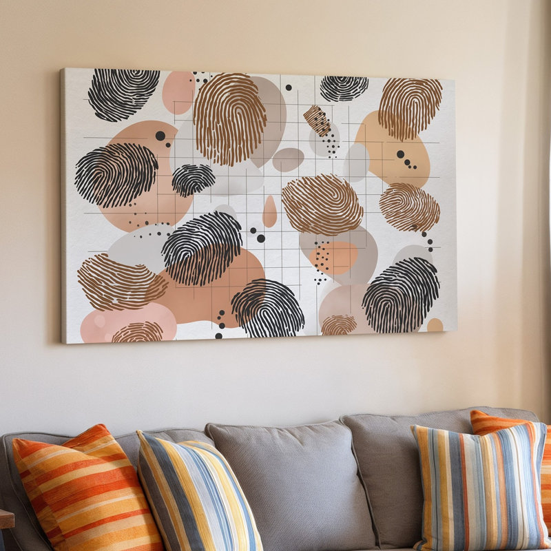 Reproduction d'art sur toile, "Art abstrait" avec une variété de formes d'empreintes digitales dans des tons terreux, y compris des bruns doux