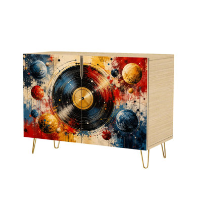Sideboard Buffet Cabinet with 2 Doors Cosmic Vinyl Record Colorful Planets Abstract Modern Accent Console Table Standing Wooden Storage Cupboard Credenza for Kitchen Dining Room Living Room Entryway Coffee Bar Station