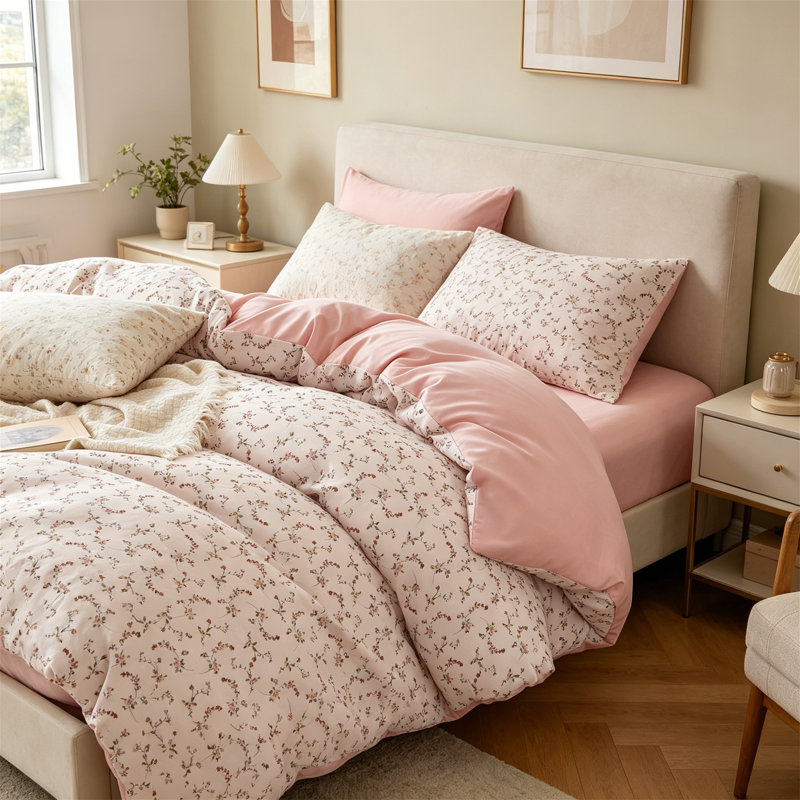 Ensemble d'édredon à motif floral 3 pièces pour grand lit rose pour femme