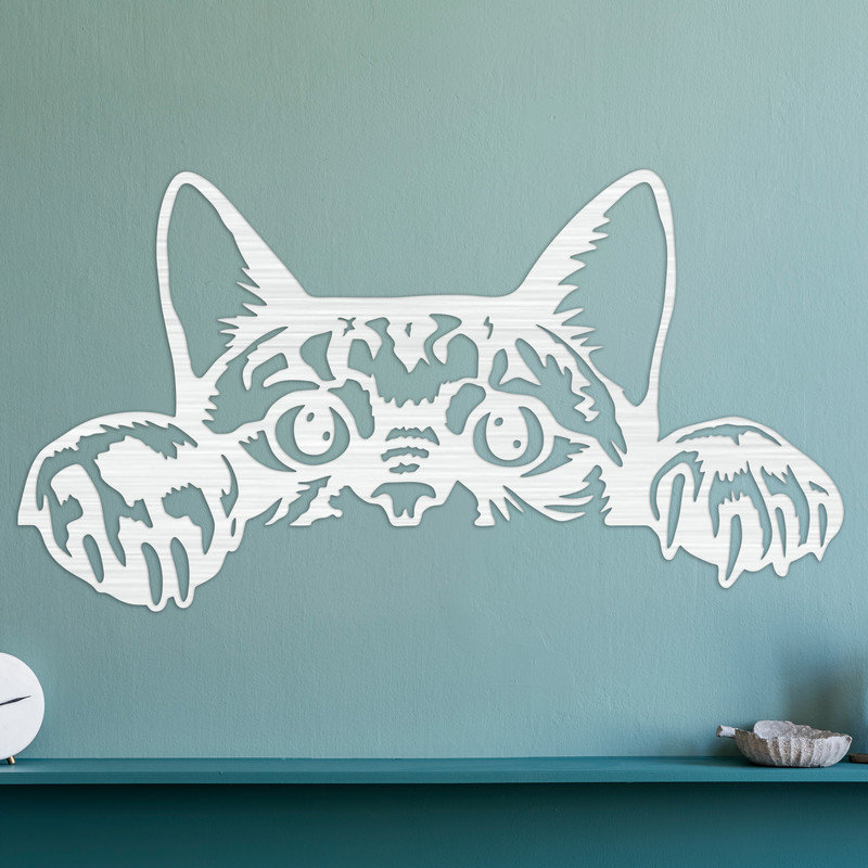 Abstrait art mural d'un chat curieux qui pointe au-dessus - ACM, H 17,2 po x l 32 po x P 0,25 po, Blanc