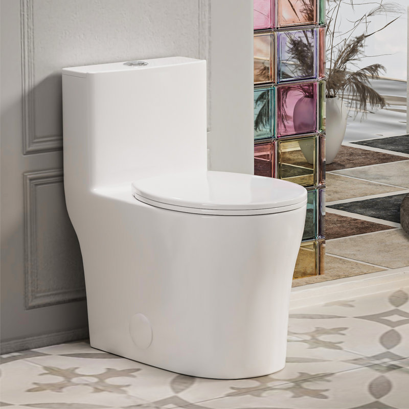 Compact One Piece Toilet For Small Bathroom, Round Modern Skirted Toilet With Soft Close Seat, Space Saving, 12'' Rough-In, High Efficiency Dual Flush 0.8/1.28 Gpf And Map Score 1000G