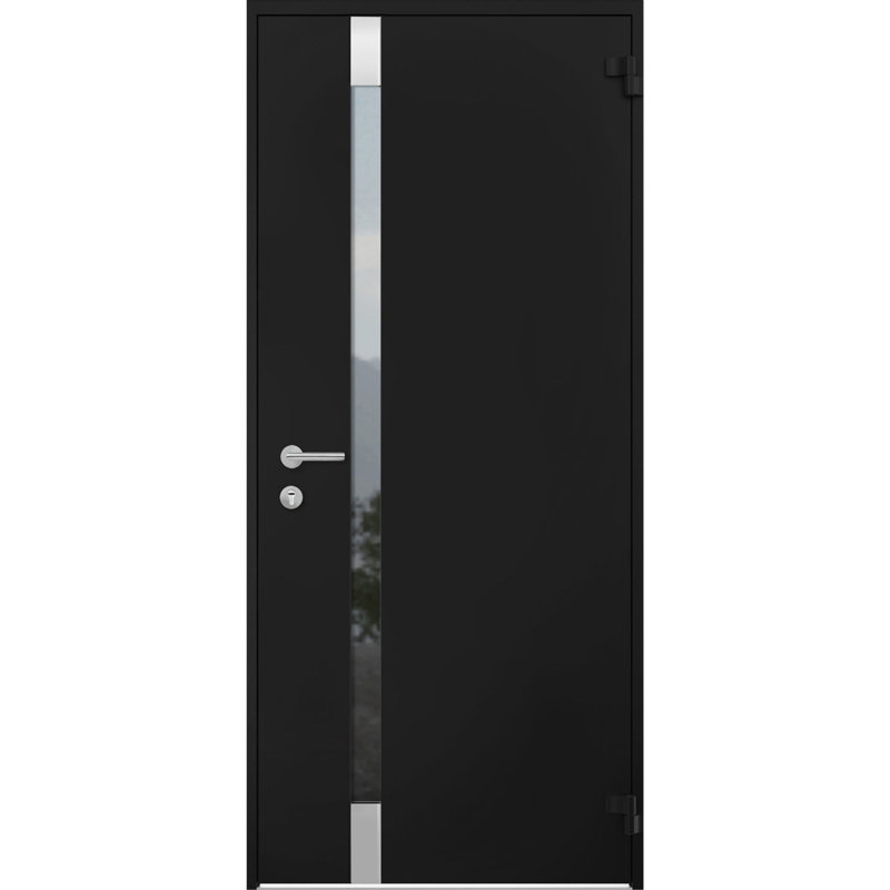 Porte d'entrée extérieure prémontée en acier Cynex 6777, partie supérieure noire, fenêtre extérieure avec inserts en acier inoxydable, style moderne, peinte, largeur 36 po x hauteur 80 + 16 po, ouverture à gauche vers l'intérieur