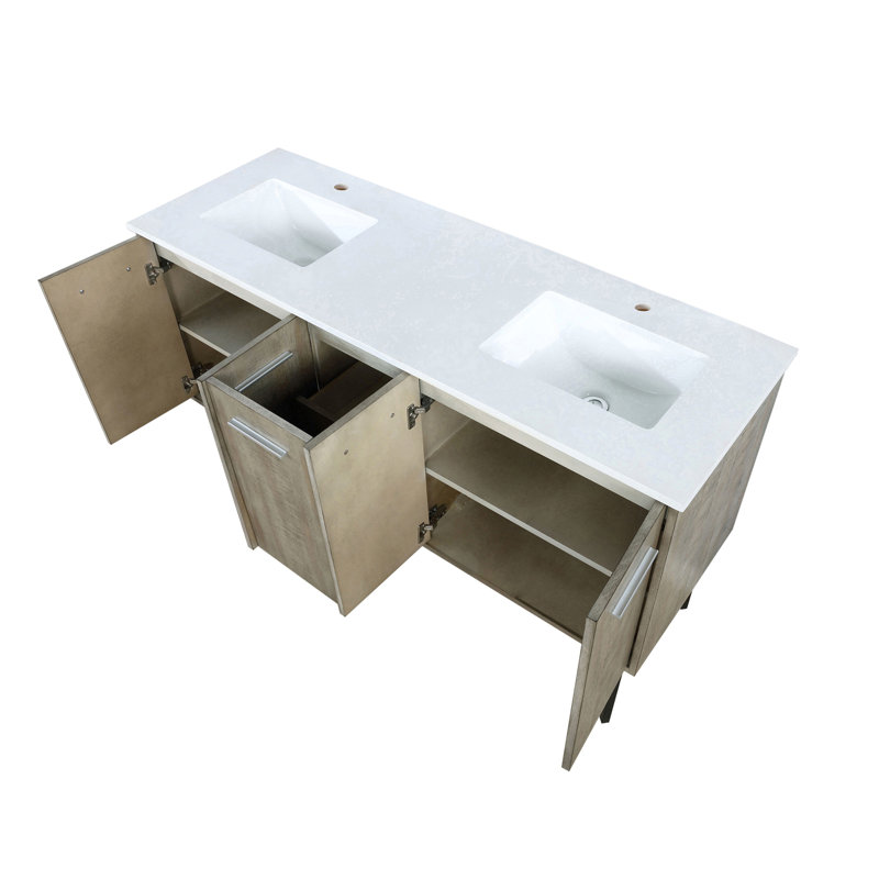 Meuble-lavabo double rustique en acacia avec plateau,  Quartz blanc / beige, H 36,63 po x l 60 po x P 20,25 po