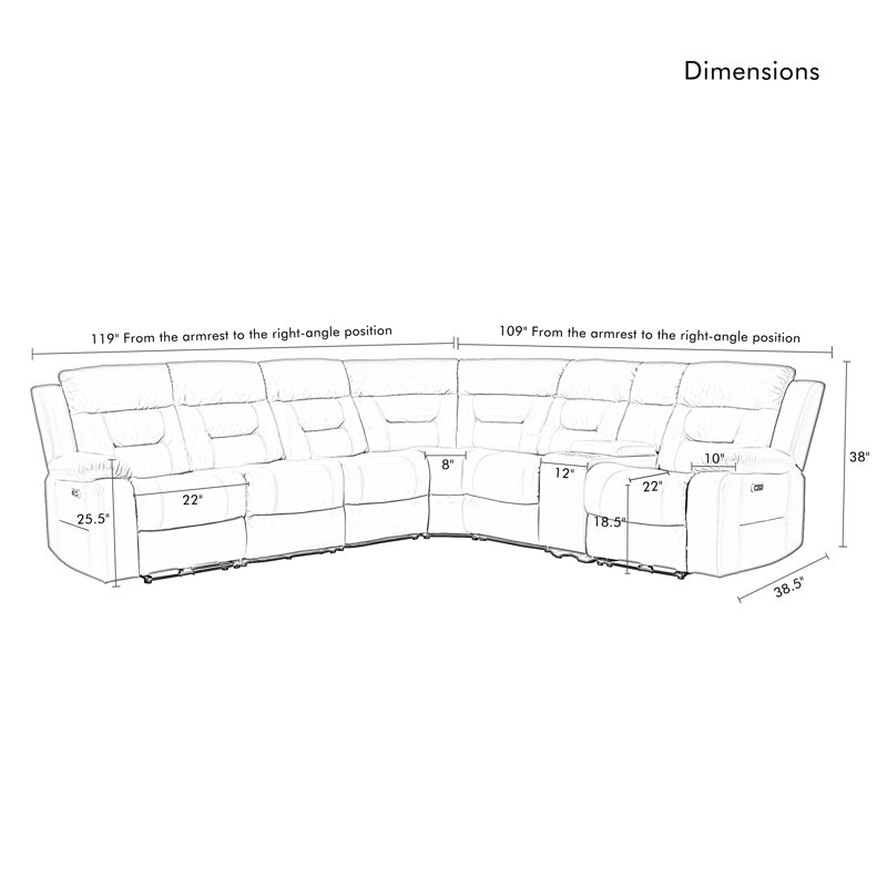 Kimblyn 6-SEAT Power Recliner Sectional Sofa Modular Living Room Sets with 1 Storage Console Cup Holder, Black Faux Leather