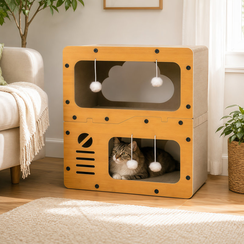 Grattoir pour chat en bois et en carton ondulé avec boules de jouets interactives, lit pour chat à plusieurs niveaux pour chats d'intérieur