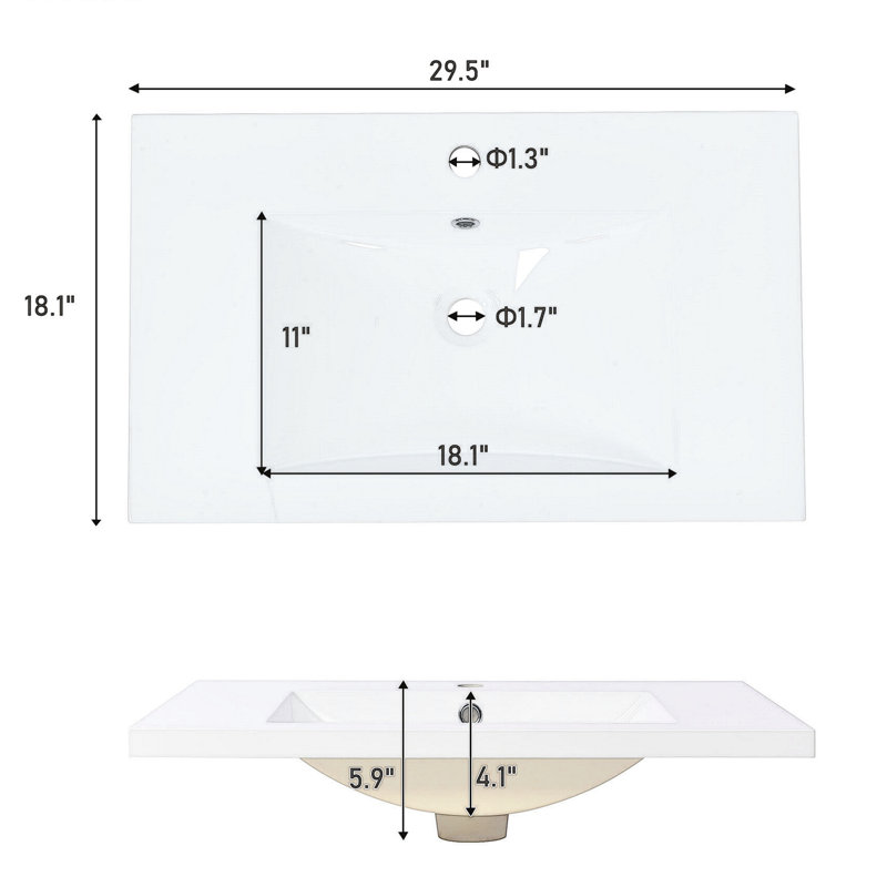 Comptoir de meuble-lavabo simple 30 po blanc avec lavabo et trou de robinet simple
