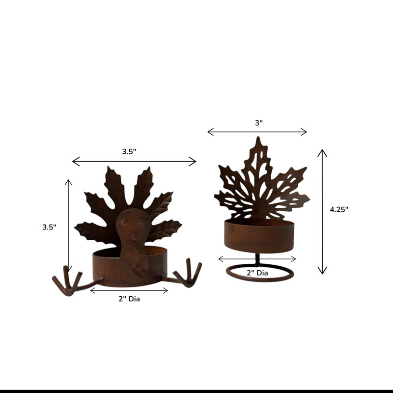 Fall Leaf Rusty Tealight Holder, 4.25" H x 3"W x 2"D