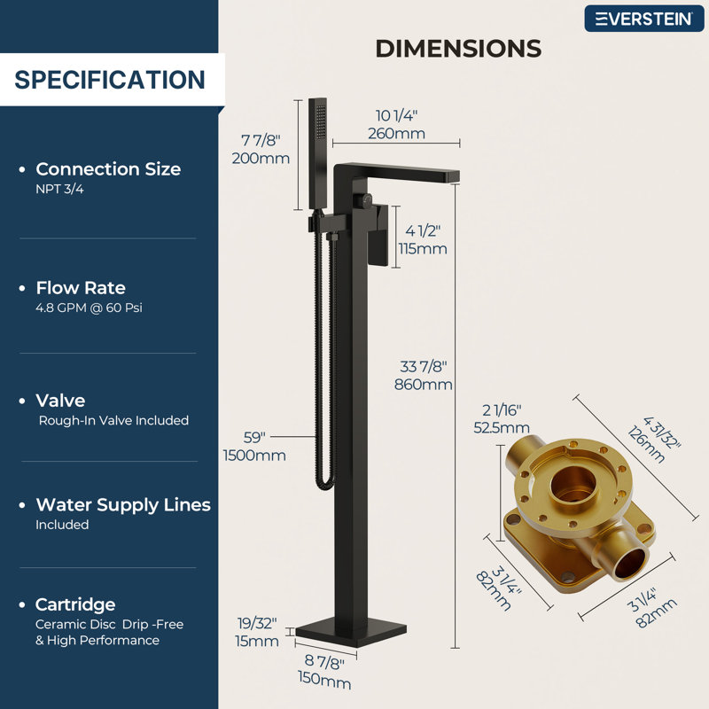 Single Handle Floor Mount Tub Faucet Freestanding Tub Spout with Handshower & Valve, Matte Black