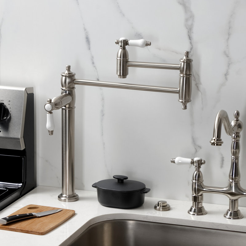 Kingston Brass Two-Handle 1-Hole Deck Mount Pot Filler Faucet, Brushed Nickel/White