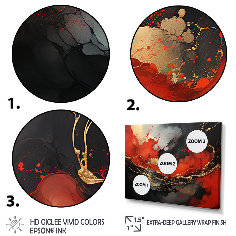 Rouge et or feu de marbre III - art mural abstrait, Cadre flottant noir, H 12 po x l 20 po x P 1 po
