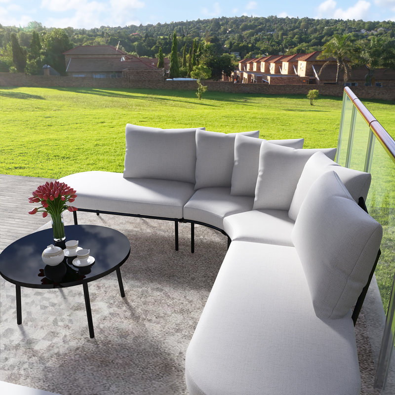 Patio Half - Moon Curved Patio Conservation Set With Coffee Table, Iron Frame Padded Seats And Backrest Cushions, Beige