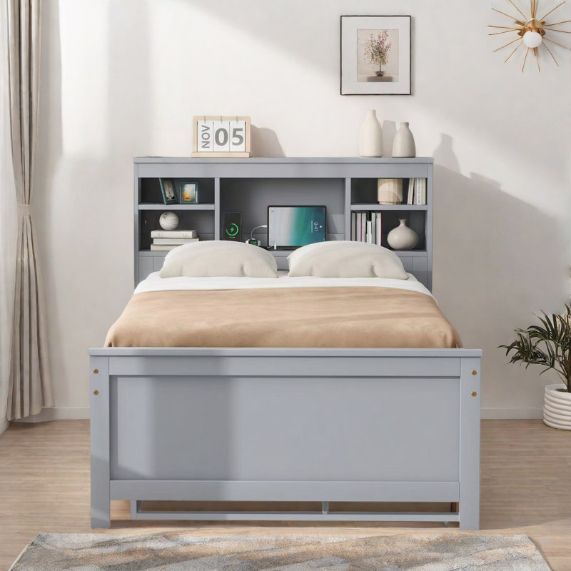 Lit plateforme avec tête de lit avec rangement, USB et 3 tiroirs, Gris