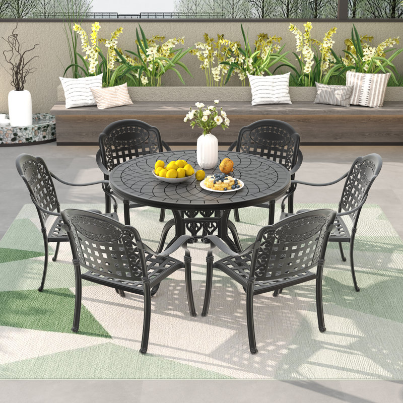 7-Piece Patio Dining Set, 47.24" Round Dining Table & 6 Stackable Chairs with Blue Cushions