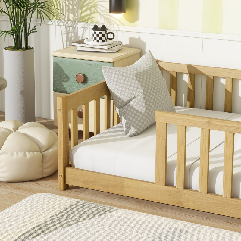 Twin Size Floor Bed With Fence Without Door, Rubber Wood Floor Bed With Safety Guardrails,Natural, Natural