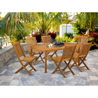 Ensemble de salle à manger 7 pièces pour patio composé d'une table d'extérieur rectangulaire en bois d'acacia et de 6 chaises d'appoint pliantes, 35 x 66 pouces, huile naturelle