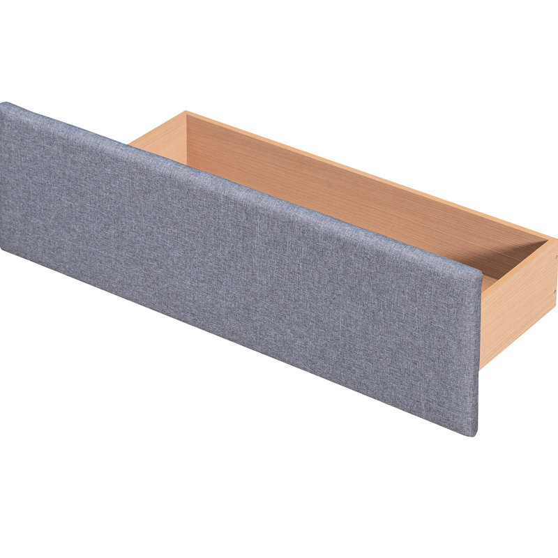 Grand lit plateforme tapissier gris foncé à 4 tiroirs. Pas de sommier tapissier. Tête de lit remplie de mousse. Et la structure du panneau de particules. Tête de lit confortable avec tiroirs de rangement pour chambre à coucher, printemps, lin