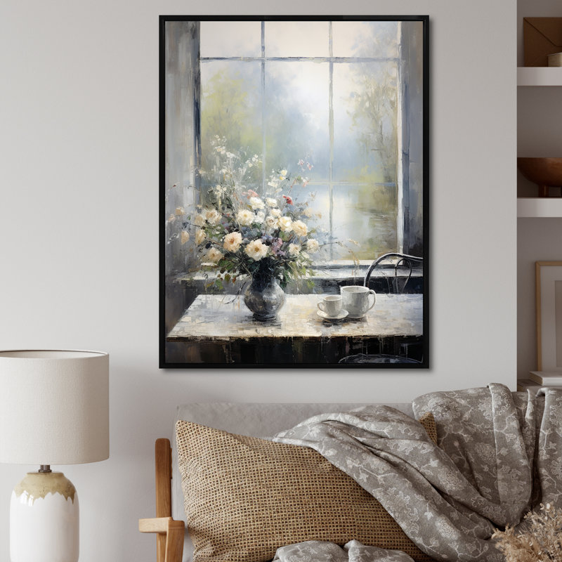 «Grey Misty River Window View I - Farmhouse Windows», art mural, Cadre flottant noir, 40" H x 30" W