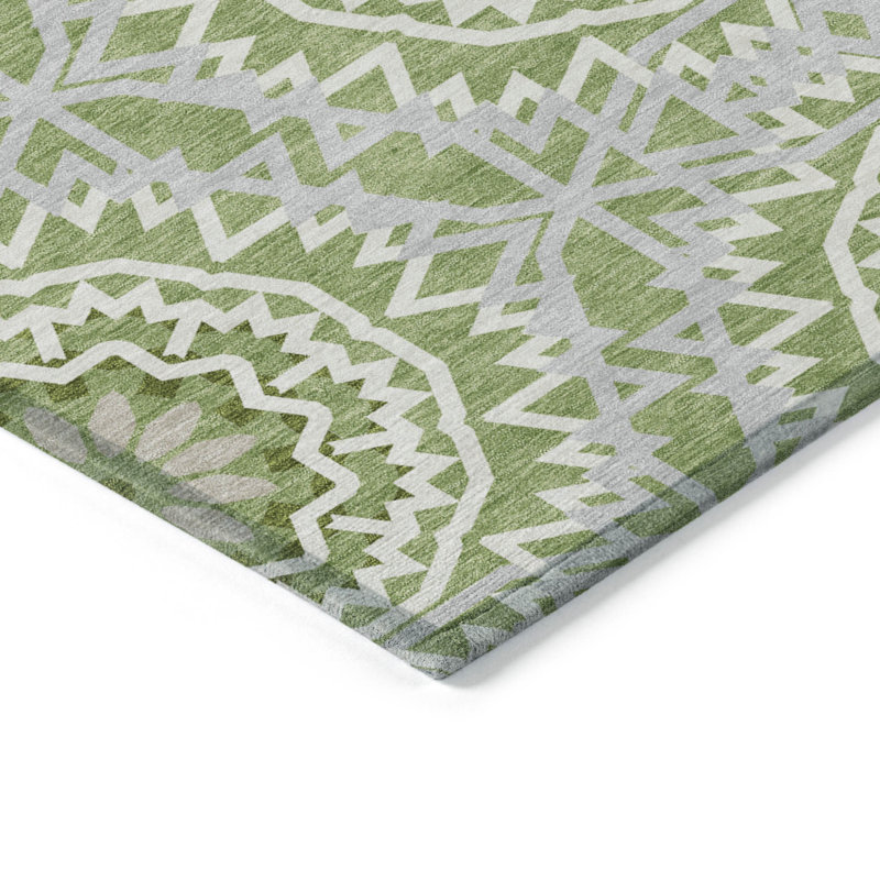 Tapis extérieur lavable à motif de médaillons vert olive et ivoire 5 pi x 8 pi
