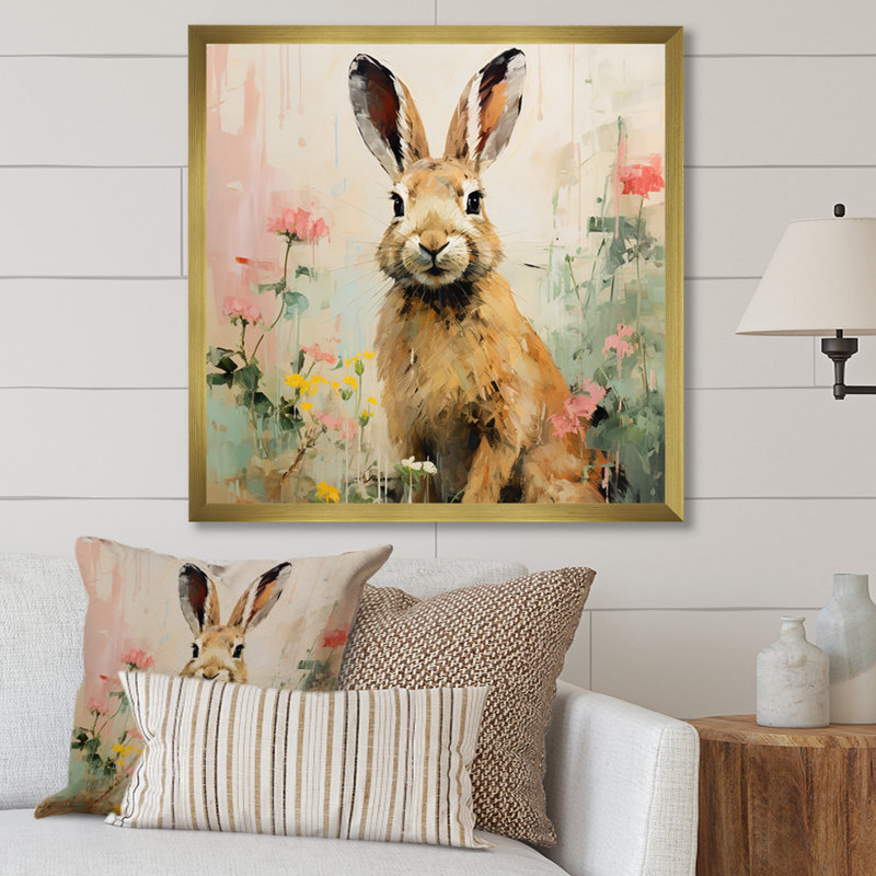 Curious floral rabbit meadow III - Lapin, art mural, H 36 po x l 36 po x P 1,5 po, Cadre doré simple