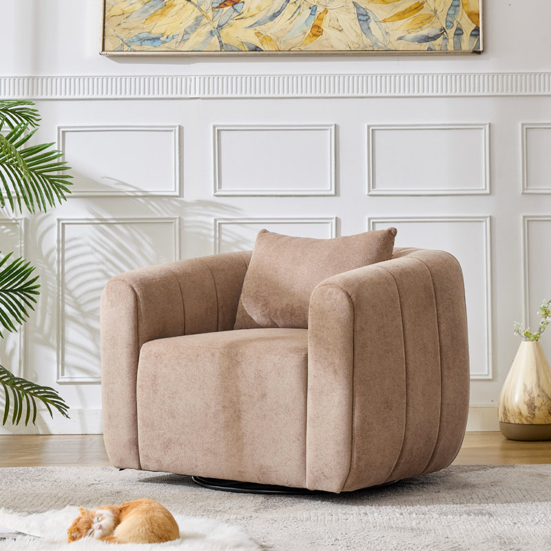 37” Wide Upholstered Swivel Chair, Brown Polyester