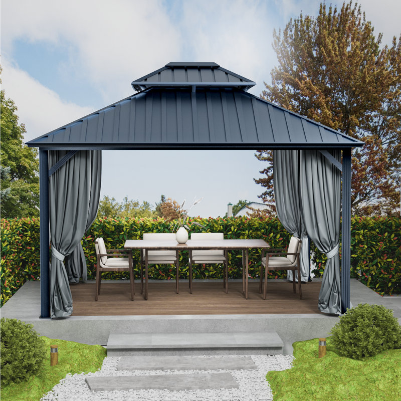 Pavillon de jardin 10 pi x 12 pi avec toit double en acier galvanisé, structure en aluminium robuste, rideaux et filet pour patio, pelouse et jardin 