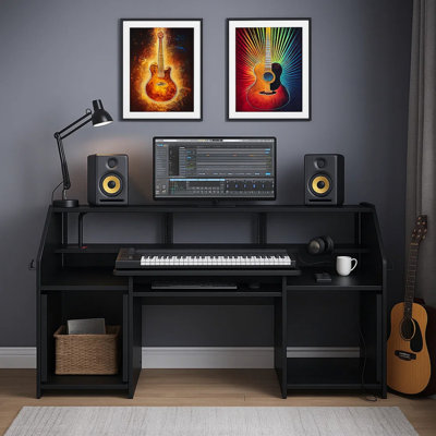 71 Inch Wood Music Studio Desk, Keyboard Tray, Monitor Top, Black