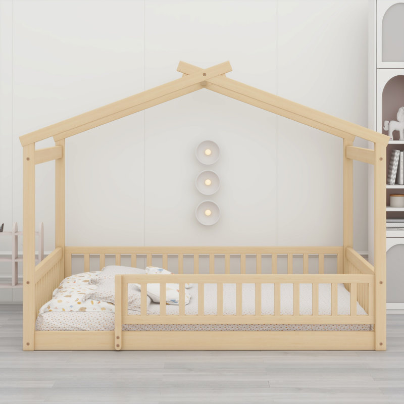 Structure de lit en bois avec clôture, Naturel