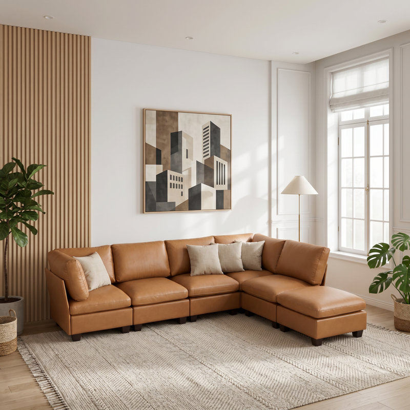 6-Pieces Faux Leather Sectional Sofa L-Shape With Ottoman