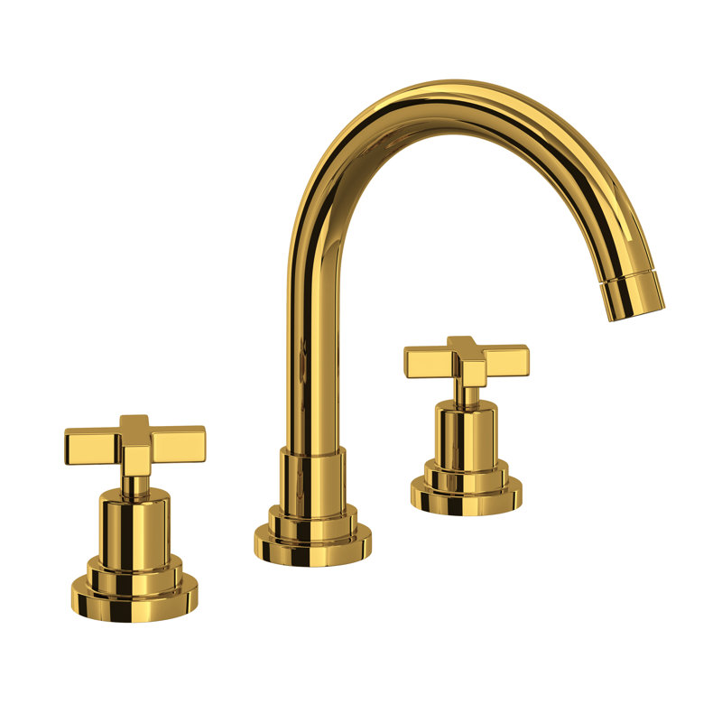 Lombardia Widespread Bathroom Faucet with C-Spout, Cross Handle, Unlacquered Brass