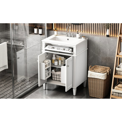Meuble-lavabo de 61 cm (24 po), deux portes, tiroir, lavabo en céramique et fonction de fermeture en douceur pour salles de bain compactes. Rangement à 2 portes de 61 cm (24 po), rails coulissants basculants.