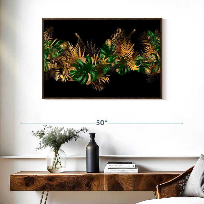 Feuilles dorées et vertes, 37 po x 25 po, Cadre flottant en noyer