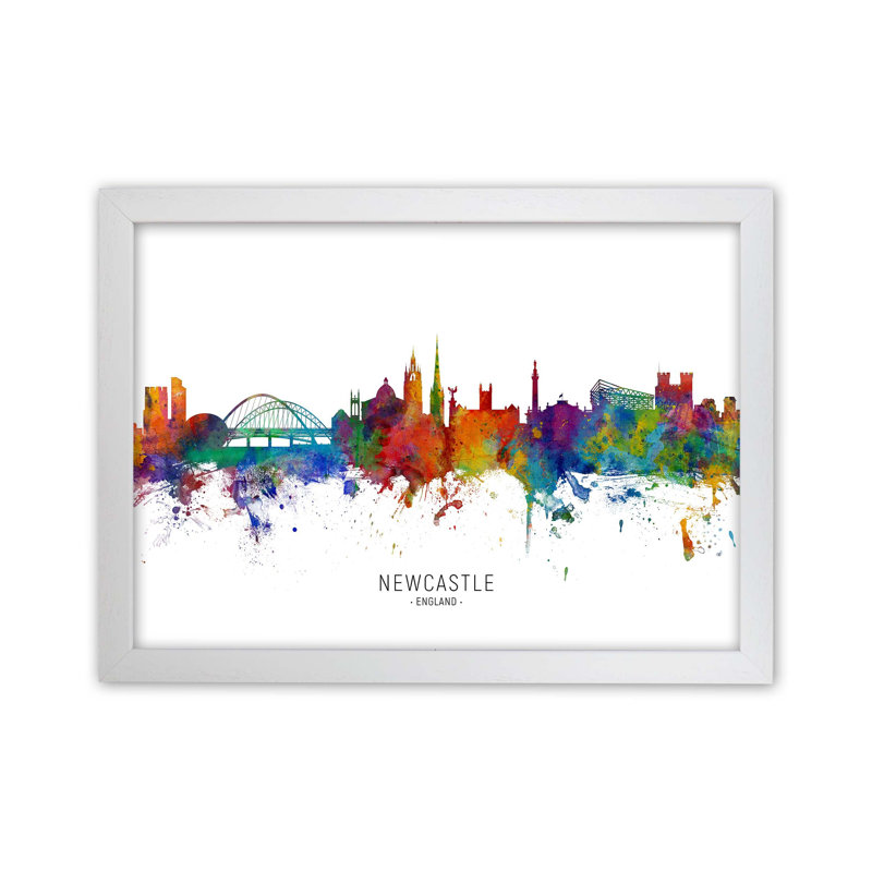Newcastle England Skyline by Michael Tompsett - Print, 46cm H x 63cm W x 3cm D, White Framed