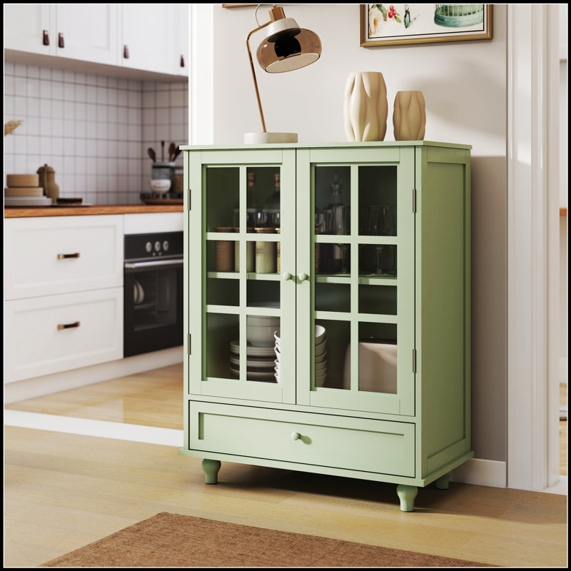 Buffet minimaliste avec portes doubles en verre et tiroir, rangement moderne en bois pour le salon et la salle à manger
