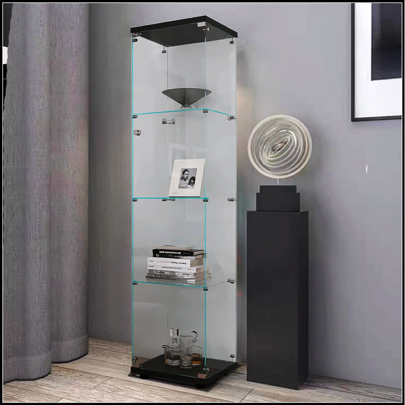 4 Shelves Glass Display Cabinet with One Door, Durable Tempered Glass and Wood Particle Boards for Modern Storage Solutions.
