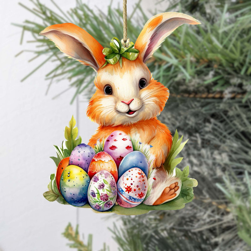 Ornement en forme de lapin avec des œufs en bois, par Debrekht