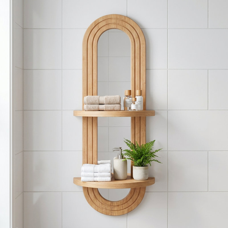 Miroir mural arqué avec tablettes intégrées, Chêne