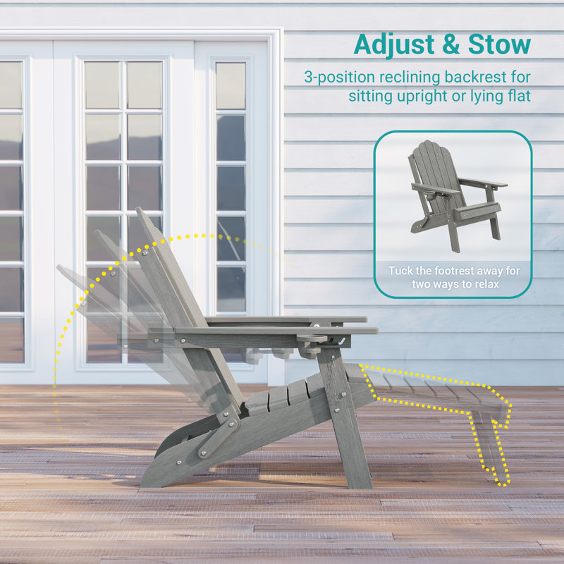 Folding Adirondack Chair with Retractable Ottoman and Cup Holder, Outdoor HDPE Lounge Chair, Light Gray
