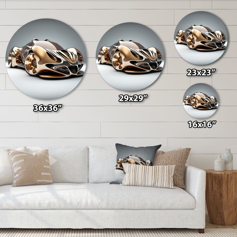 Futuriste Bugatti Design en noir et magenta I - course automobile exotique, art mural rond sur métal, L 36 po x H 36 po