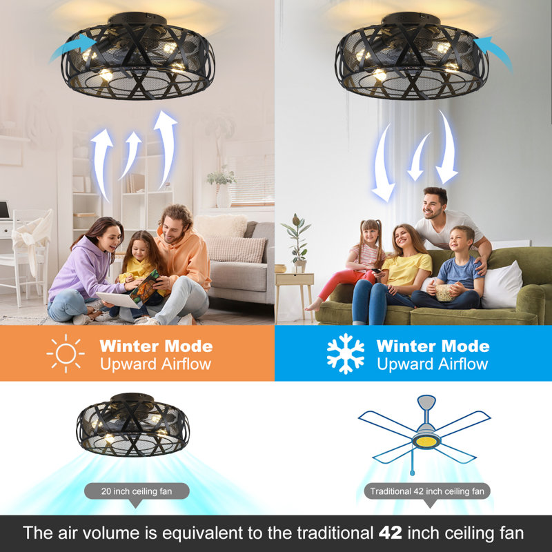 Ventilateur de plafond encastré 19,60 po Farmhouse avec ensemble d'éclairage, 6 vitesses, ventilateur de plafond rustique à profil bas avec lumière et télécommande, petits ventilateurs de plafond sans pales avec lumières pour la cuisine, la chambre à coucher (4 ampoules incluses)