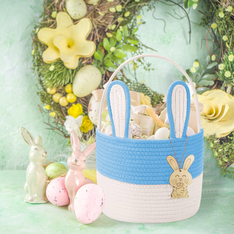 Panier de Pâques pour enfants, panier de lapin de Pâques, panier-cadeau de Pâques en corde de coton tissé pour filles, garçons, tout-petits, bébés, bleu