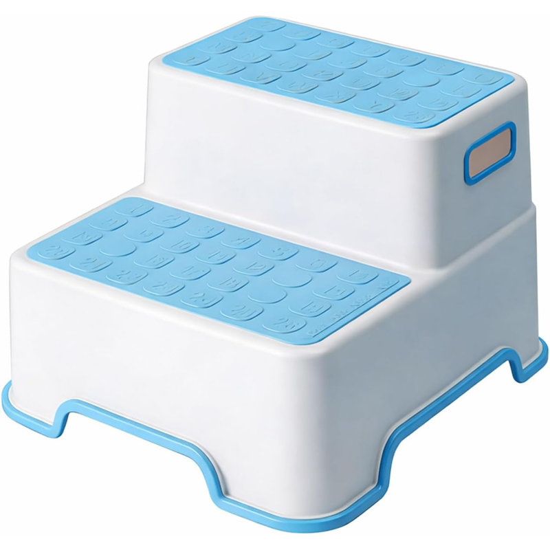 Double Layer Toddler Step Stool Bathroom, Non Slip Kids Footstool With Rubber Base, Educational Letters Numbers Surface Sink & Toilet Training Stool Blue