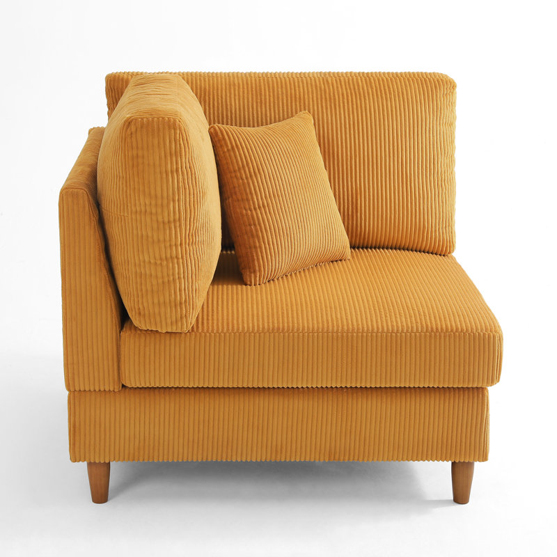 Upholstered Orange Corduroy Armchair with Pillow Back, One Arm Single Chair Module Part For Sectional Sofa, Orange Corduroy