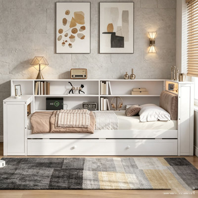 Lit plateforme simple en bois avec tablettes de rangement, lit gigogne, station de charge, DEL, bureau et tête de lit tapissier