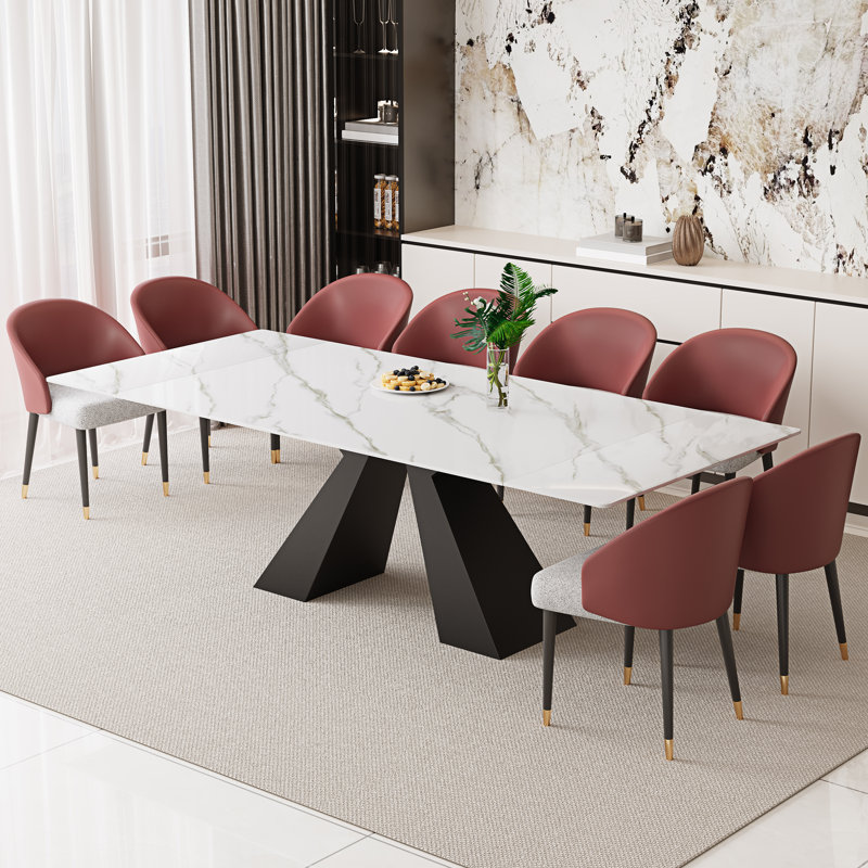 94.5”  Extendable Dining Table Set With Rectangular Sintered Stone Top And 8 Faux Leather Chairs, Red/Gray