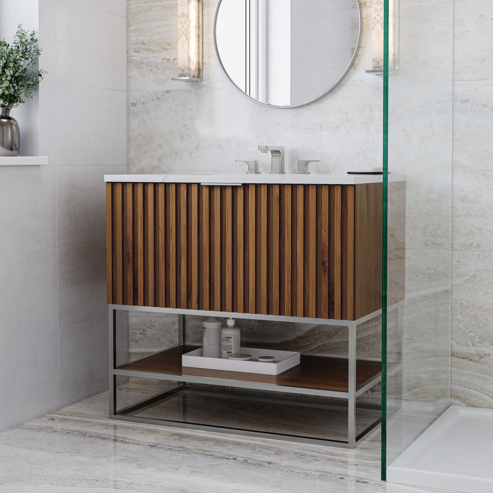 Terra 36'' Single Bathroom Vanity, Walnut, Brushed Nickel, Calacatta Quartz/Widespread Faucet Mount