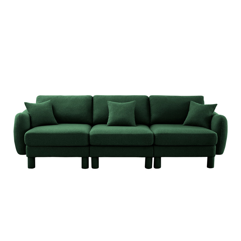 Stylish 3-Seater Boucle Fabric Sofa With Unique Shell Armrests, Green Fabric