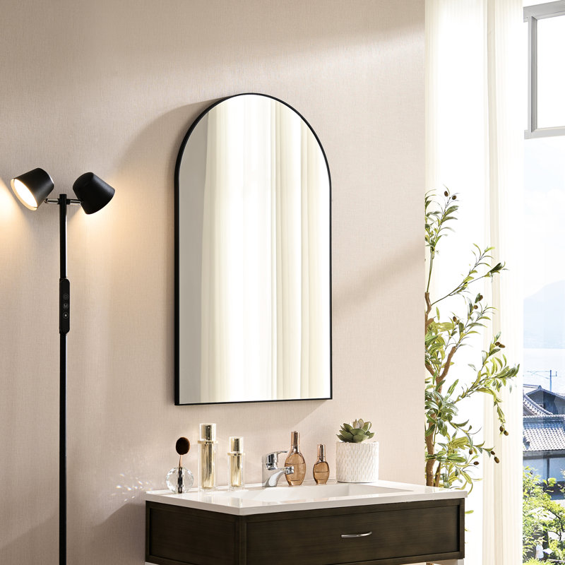 Miroir de salle de bain arqué en alliage d'aluminium 40 po x 30 po noir - reflet transparent, cadre antirouille, coffre-fort en métal 30 x 40, support, mélange moderne et industriel