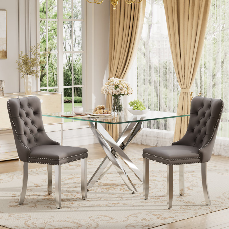 Square Pedestal Dining Set with Tufted Dining Chair, Gray, 3 Pieces: Table, 2 Chairs, Silver