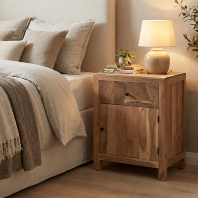 Solid Acacia Wood Nightstand with Live Edge Tree Trunk Drawer & Cabinet Door
